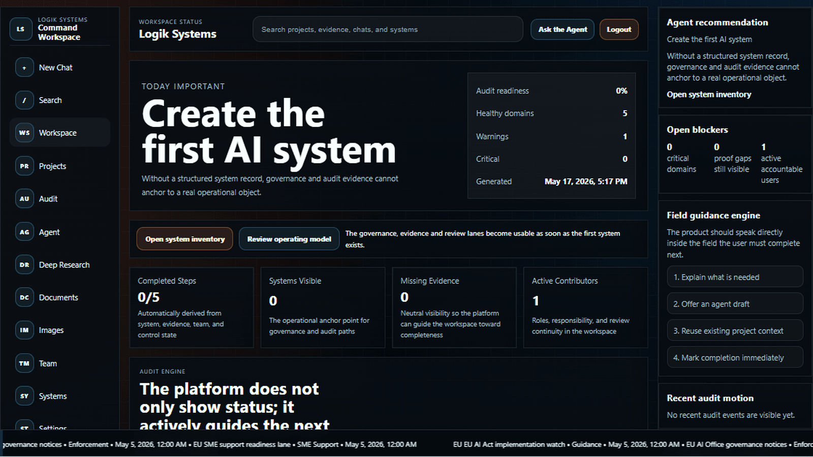 Command workspace with live operational control, guidance, and audit status